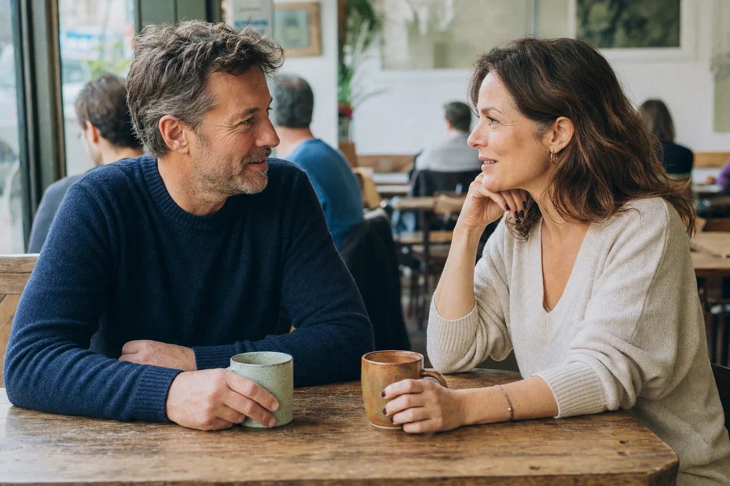 Two mature singles talking comfortably during a coffee date