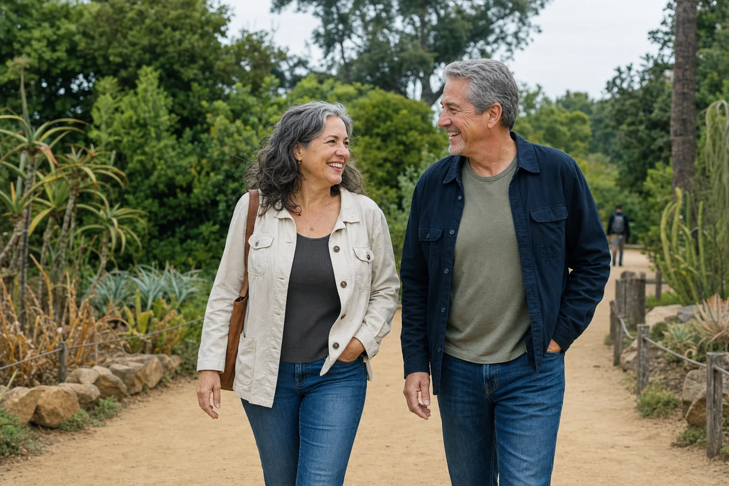 A couple in their fifties enjoying a relaxed botanical garden date