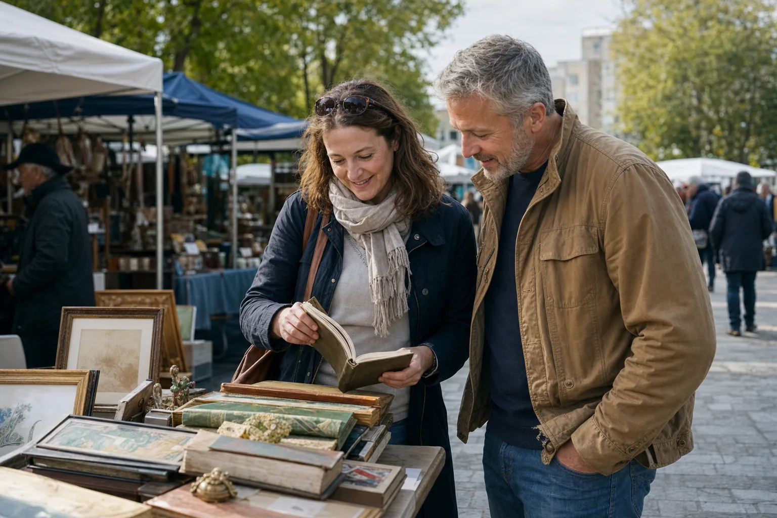 A man and woman over 40 enjoying a relaxed date at an outdoor book market