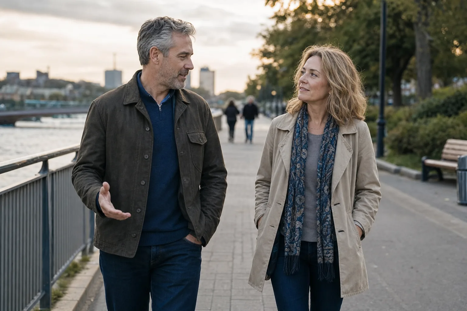 A couple over 40 walking beside the water while having a thoughtful conversation