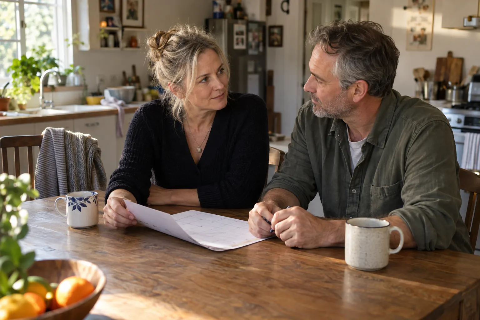 A couple in their fifties talking over a paper calendar at their kitchen table