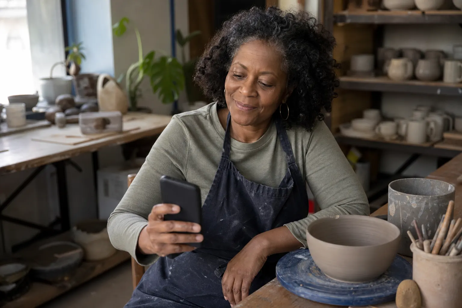 A woman over 50 smiling at her phone in a community pottery studio