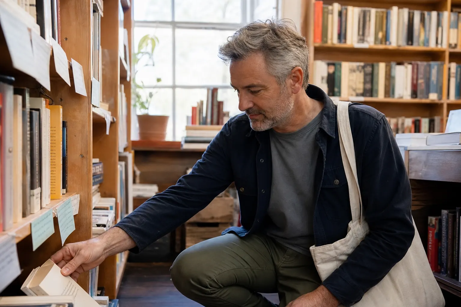 A man over 50 browsing books in a neighborhood bookstore