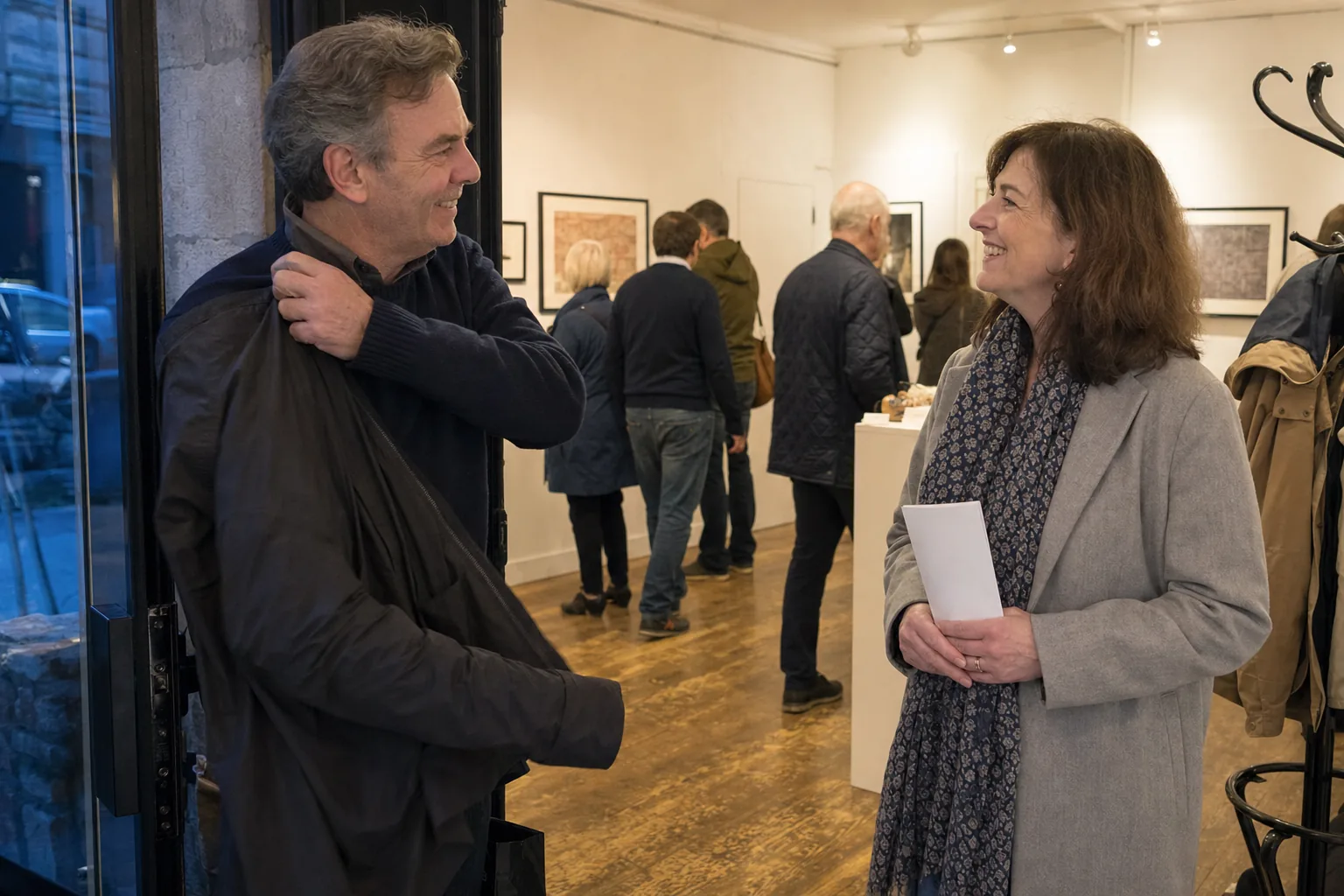 A man and woman over 40 greeting each other at a small local art exhibition