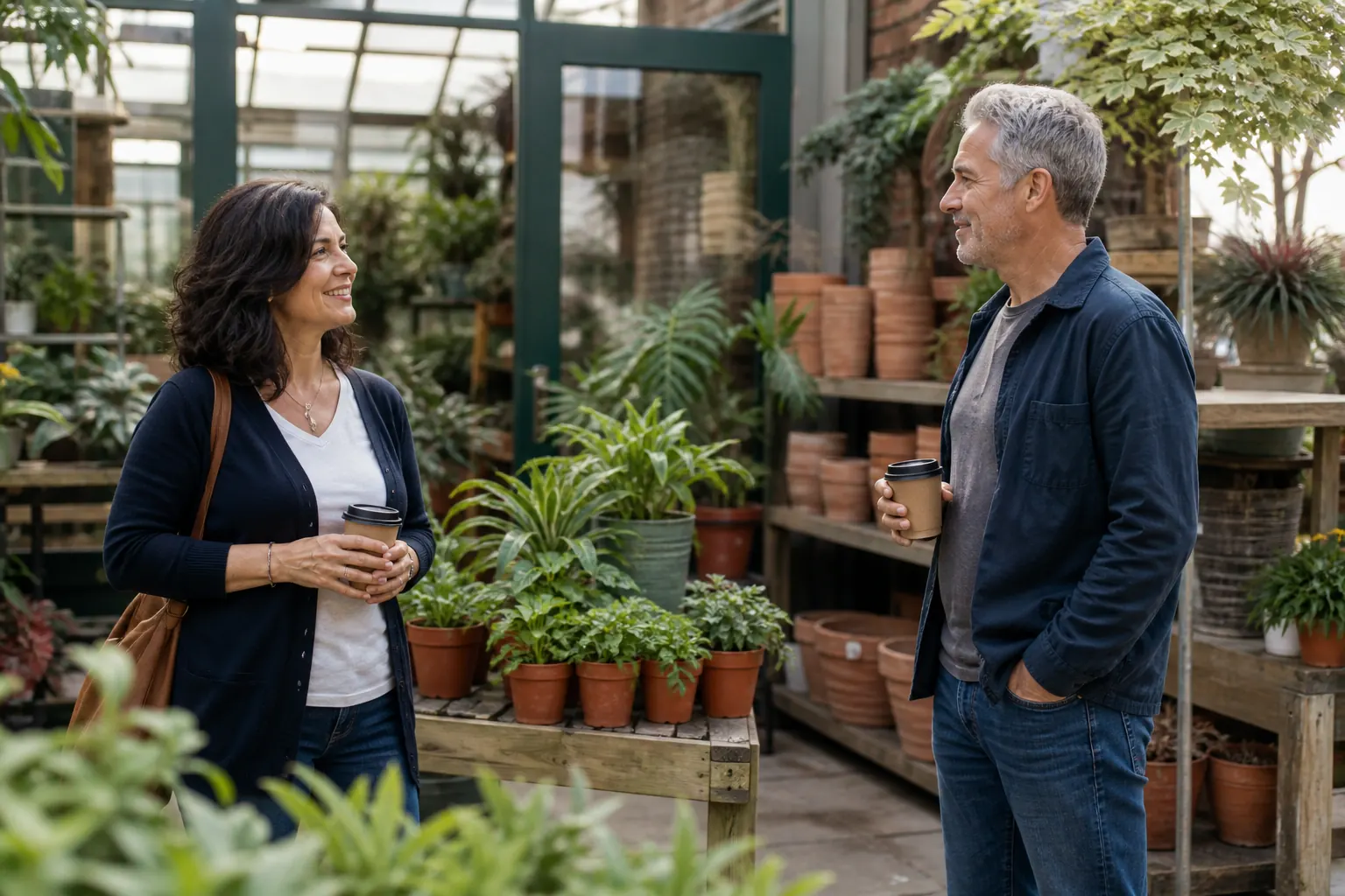 Two adults over 50 meeting for coffee at a neighborhood plant nursery