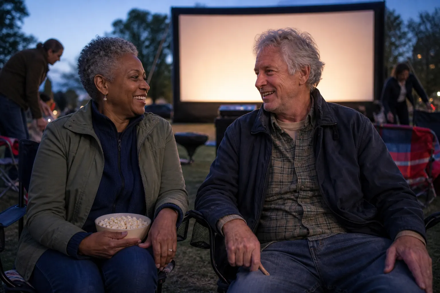 Two adults over 50 sharing a laugh before an outdoor community film night