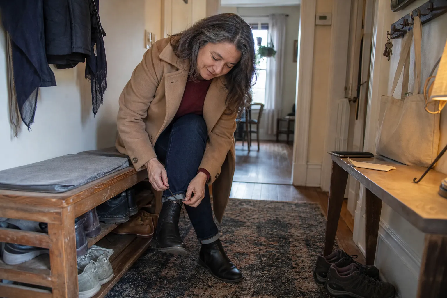A woman over 40 calmly tying her boots before going out again