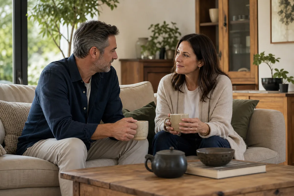 A mature couple having a calm and honest conversation at home