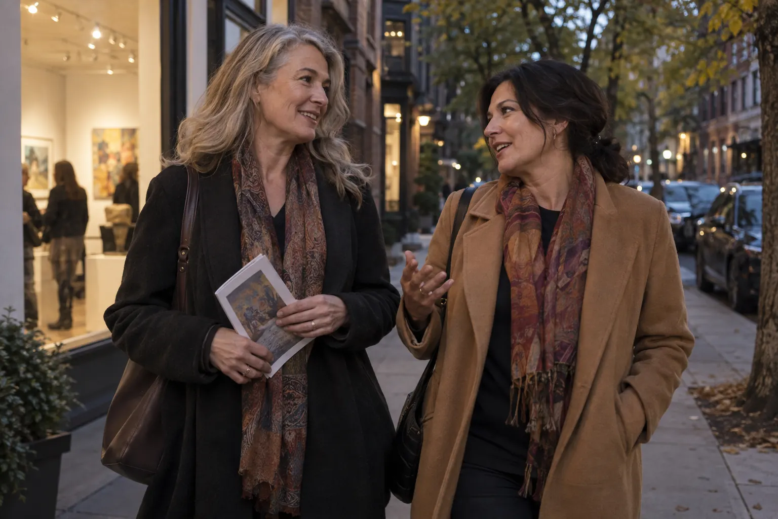 Two close women friends in their fifties talking outside a neighborhood art gallery in the evening
